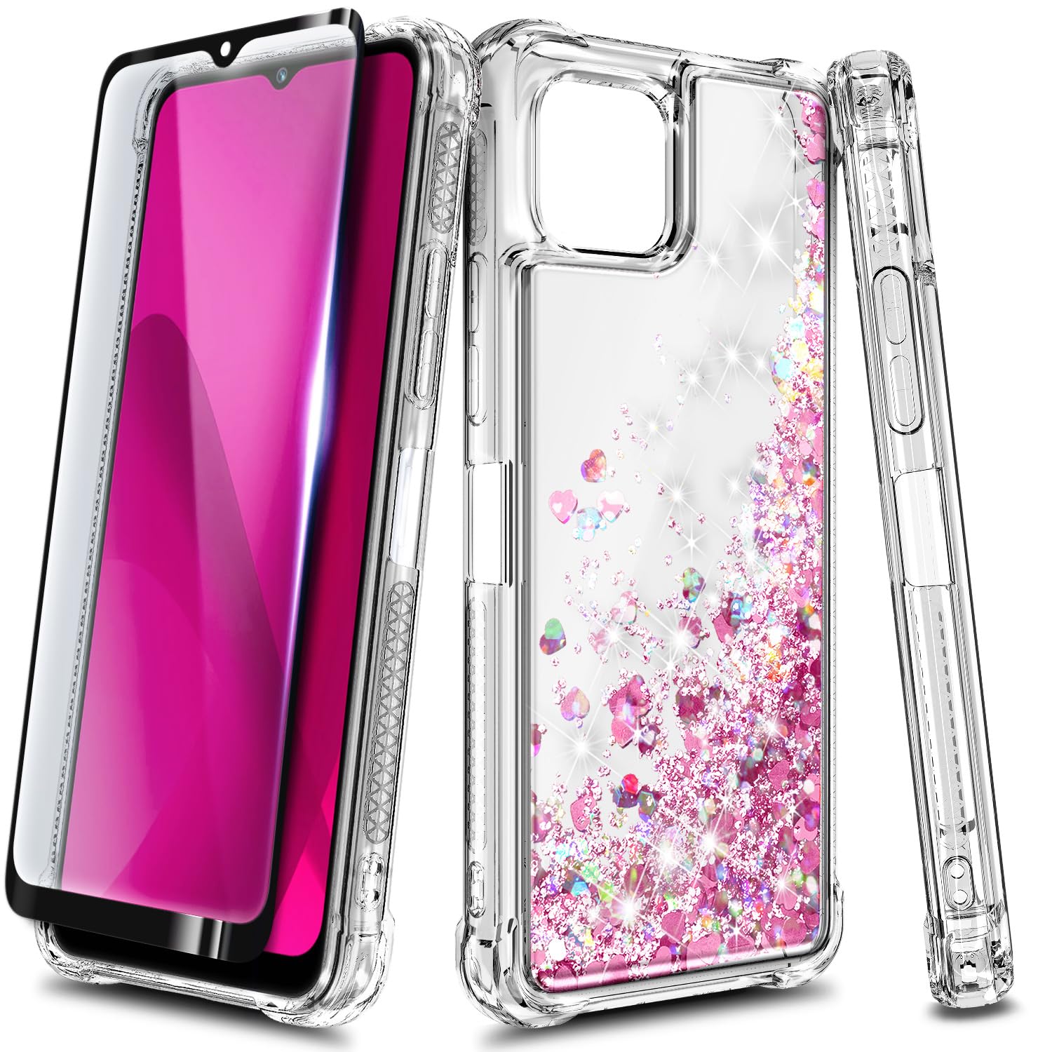 Photo 1 of NZND Designed for T-Mobile REVVL 7 PRO 5G Case, Glitter Floating Liquid Waterfall Women Girls Kids Cute Case with Tempered Glass Screen Protector (Rose Gold)