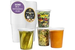 PERFECT SETTINGS TABLEWARE AND PARTY DECORATIONS Perfect Settings Deli Containers with Lids 32 oz | Quart Containers [Set of 24] Freezer Safe Microwave Safe Food Storage, Plastic Soup Containers
