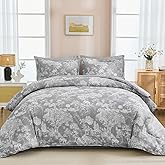 DJY Grey Comforter Set King, 7 Pieces Grey Botanical Comforters King Size Elegant Plants Print with Sheets Bed in a Bag Soft Microfiber Reversible Complete Bedding Sets for All Season
