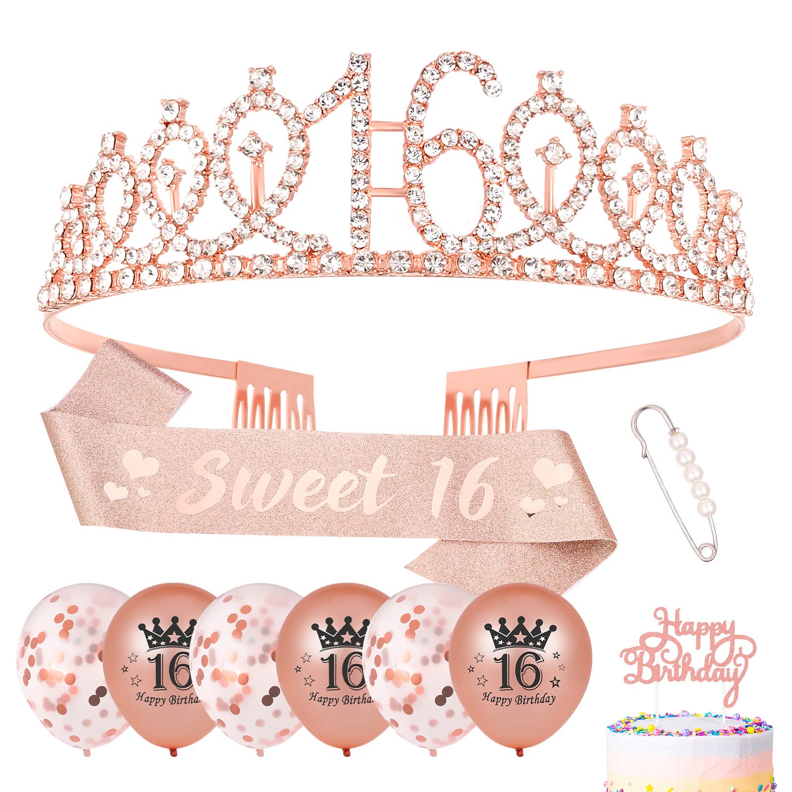 Heyu-Lotus 16th Birthday Sash and Tiara Rose Gold Sweet 16 Sash Rhinestone Crown Balloons Cake Topper Gifts for Girls 16th Birthday Present Party Decorations Supplies