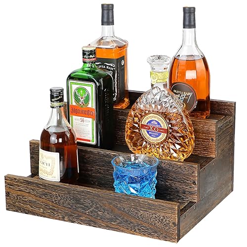 Step Real Wood Countertop Liquor Bottle Display Shelf, 12 Bottle  Freestanding Bar Shelves with Fences, Home Retro Wine Rack Storage  Organizer,