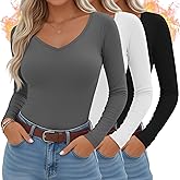 Sweetyweee 3 Pack Women's Thermal Shirts Long Sleeve V Neck Fleece Lined Undershirts Slim Fit Basic Tops Fall Winter Clothes