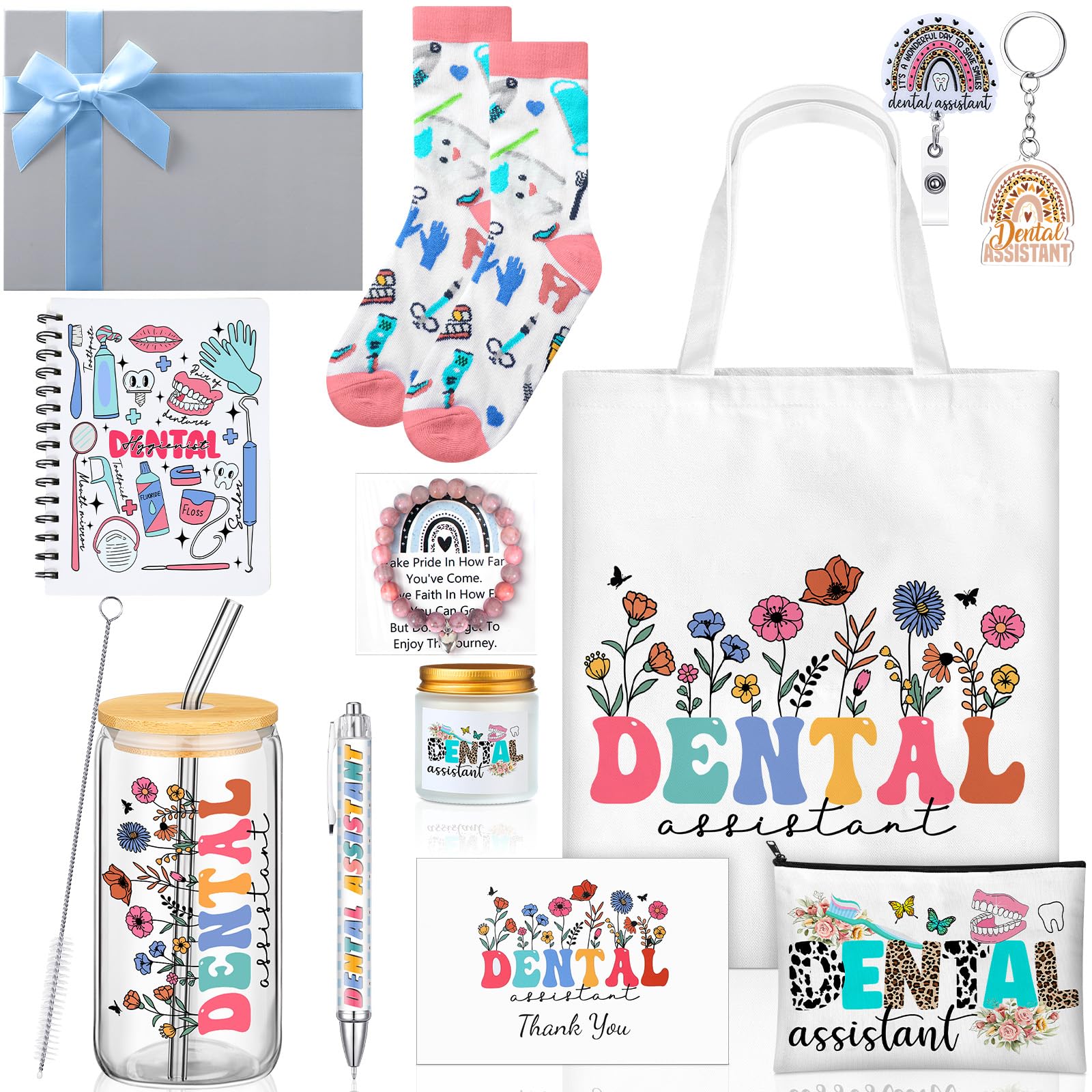 Photo 1 of Remerry 12 Pcs Dental Assistant Gifts for Women Dentist Hygienist Appreciation Gifts Set Includes Tote Bag Cosmetic Bag Glass Cup Candle Pen Notebook Badge Holder for Staff Coworker