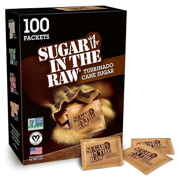 SUGAR IN THE RAW TURBINADO CANE SUGAR PACKETS, 100 CT, PURE, ALL-NATURAL TURBINADO SUGAR, NON-GMO PROJECT VERIFIED, KOSHER, VEGAN AND GLUTEN FREE