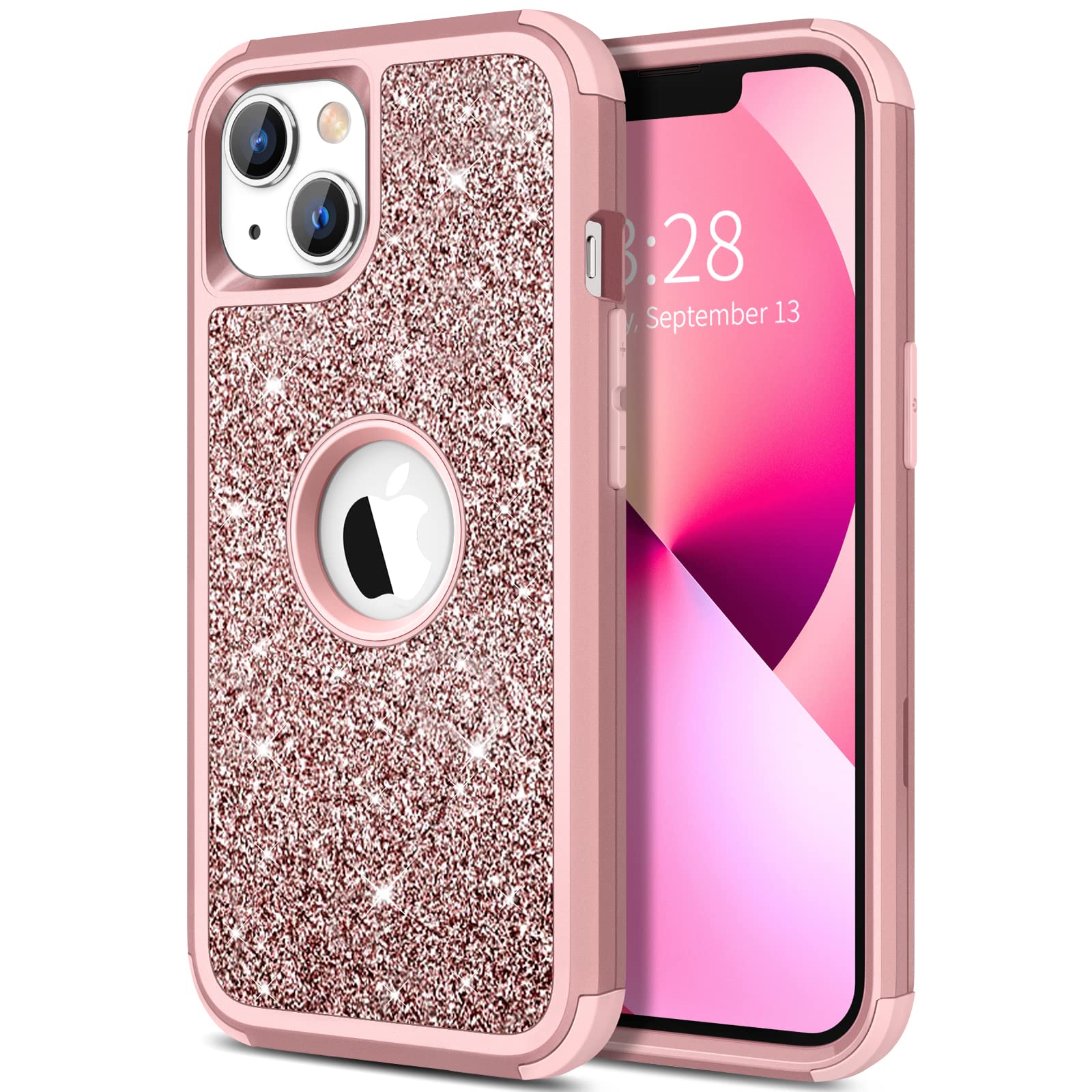 Photo 1 of Hython Case for iPhone 13 Case Glitter, Cute Sparkly Shiny Bling Sparkle Cover, Heavy Duty 3 in 1 Hybrid Hard PC Soft TPU Bumper Full Body Shockproof Protective Phone Cases for Women Girls, Rose Gold