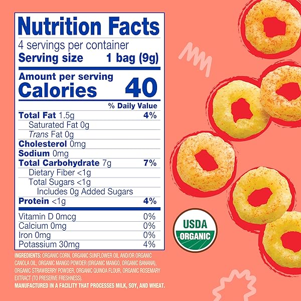 EARTH’S BEST ORGANIC MELTY HOOPS, BITE-SIZED SNACKS FOR BABIES 8 MONTHS AND UP, STRAWBERRY AND MANGO, 0.32 OUNCE INDIVIDUAL BAGS (PACK OF 4)