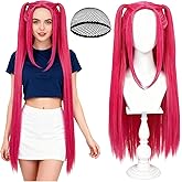 Okrostoy Hot Pink Long Straight Wig with 2 Ponytails for Halloween Costume Cosplay Party, Long Hair with Wig Cap Synthetic Hair for Adults Women Halloween Costume Party Supplies