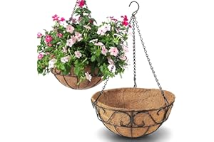 THIKDIKAKT 2 Pack Metal Hanging Planter Basket with Coco Coir Liner Chain Round for Garden Decoration Porch Indoor Outdoor (S Shape)