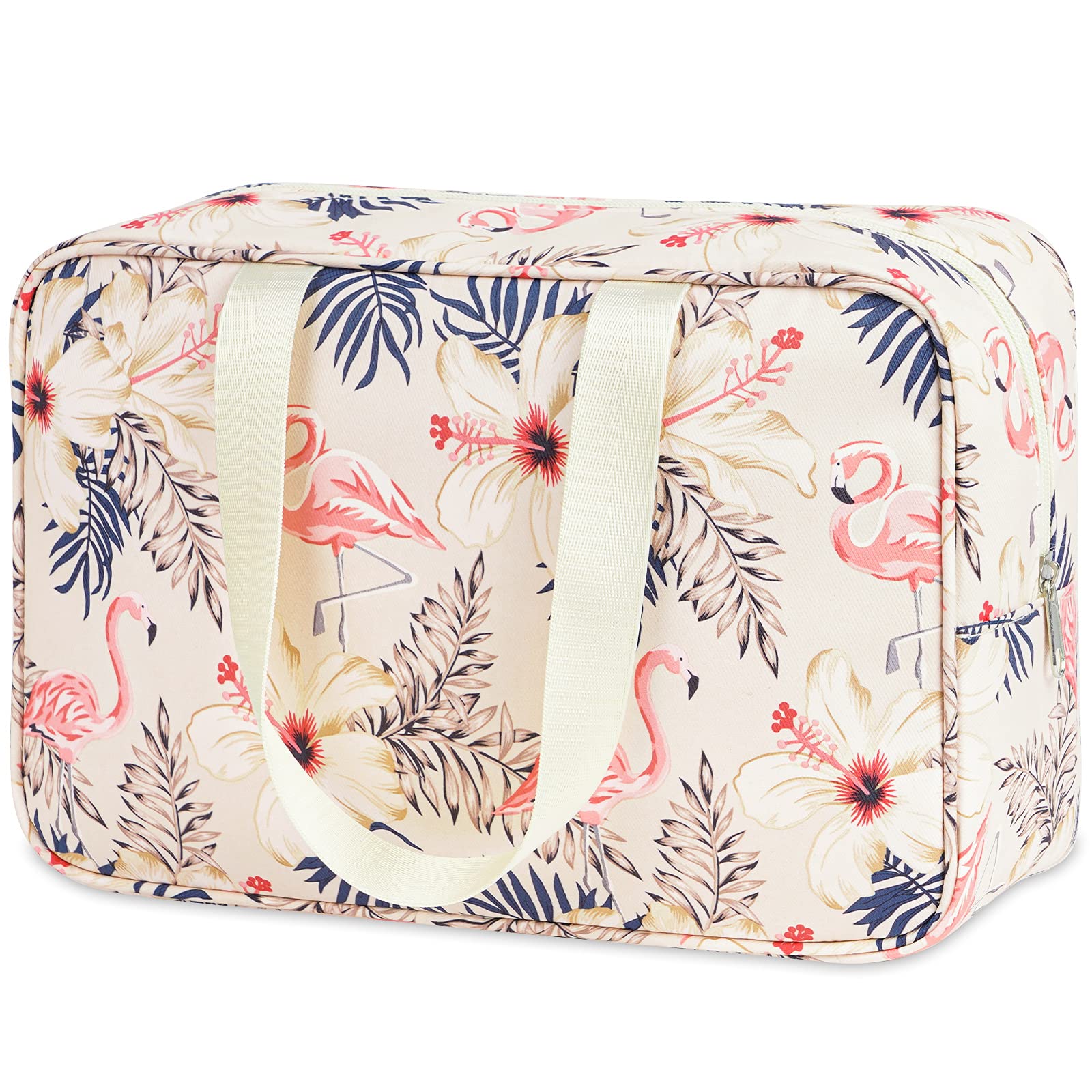 Narwey Toiletry Bag, Large Toiletry Bags for Women, Full Size Wash Bag Women, Large Makeup Bag, Portable Toiletries Bag for Travel, Make up Cosmetic Organizer for Essentials (Beige Flamingo)
