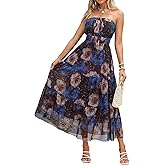 Simplee Women's Summer Maxi Dresses 2026 Elegant Strapless Boho Floral Mesh Vacation Beach Dress Wedding Guest Dresses