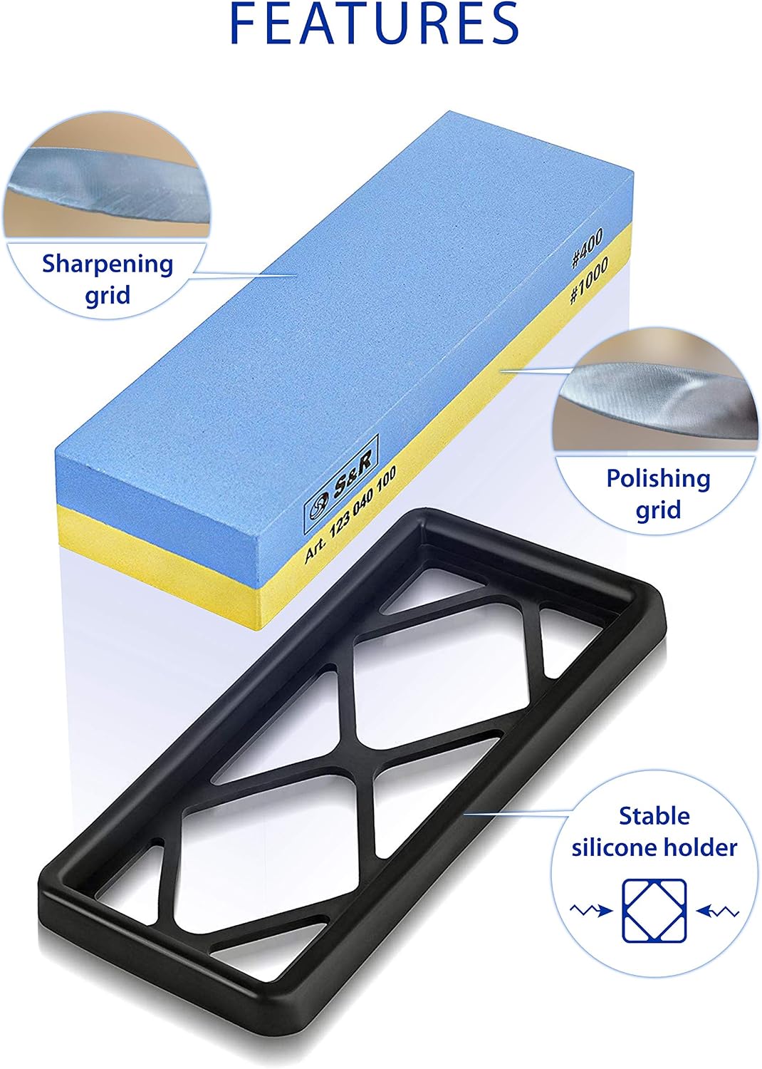 S&R 2-Sided Whetstone Sharpening Stone 18 x 6 x 3 cm with 1000/4000 Grit and Silicone Holder, 100% Corundum - Image 3