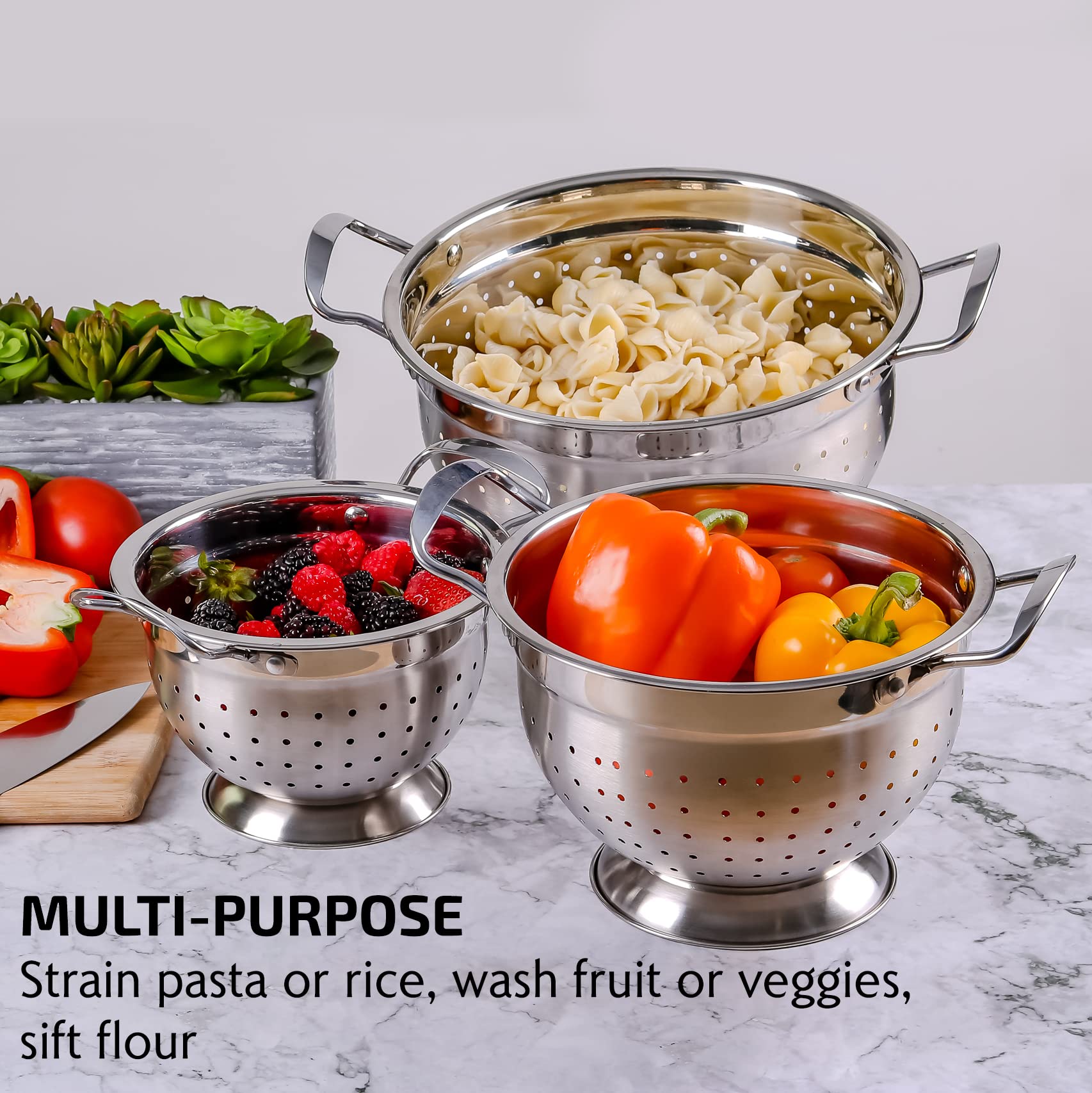 OVENTE Premium Stainless Steel Colander Set of 3 with Comfortable Large Handles, 1.5, 3, 5 Quarts Essential Kitchen Strainer for Draining Spaghetti Pasta, Rinsing Vegetables or Fruits, Silver C46263S