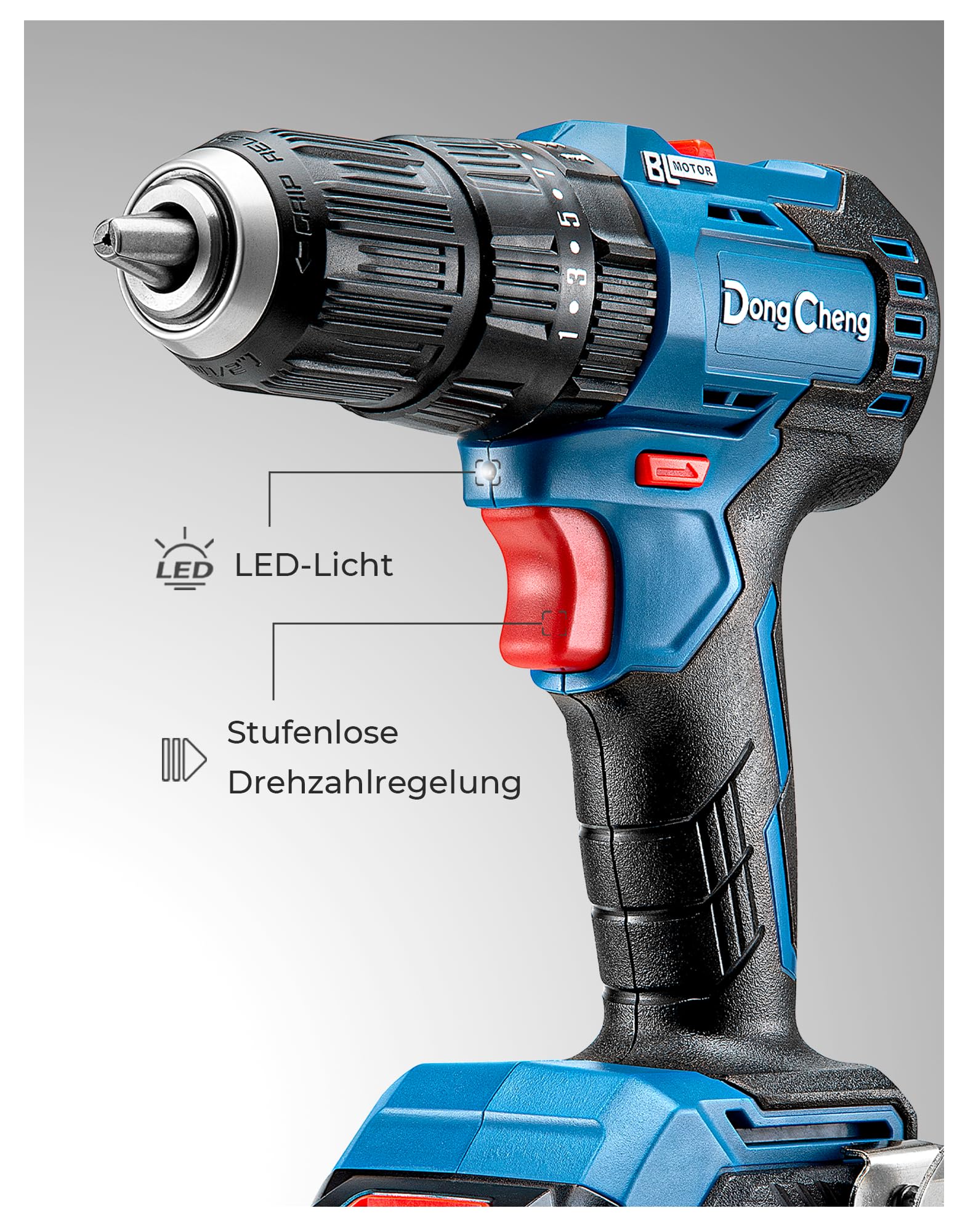 Dong Cheng Akku-Schlagbohrschrauber-Set 18V 50Nm, bürstenlose Schlagbohrmaschine (2x2,0 Ah), 20+1+1 Drehmomentstufen Akkubohrer, 2 Gang, 13mm Bohrfutt 6