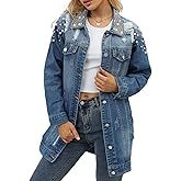 YPCT Women's Long Sleeve Button Down Pearl Jean Jacket Boyfriend Long Denim Coat