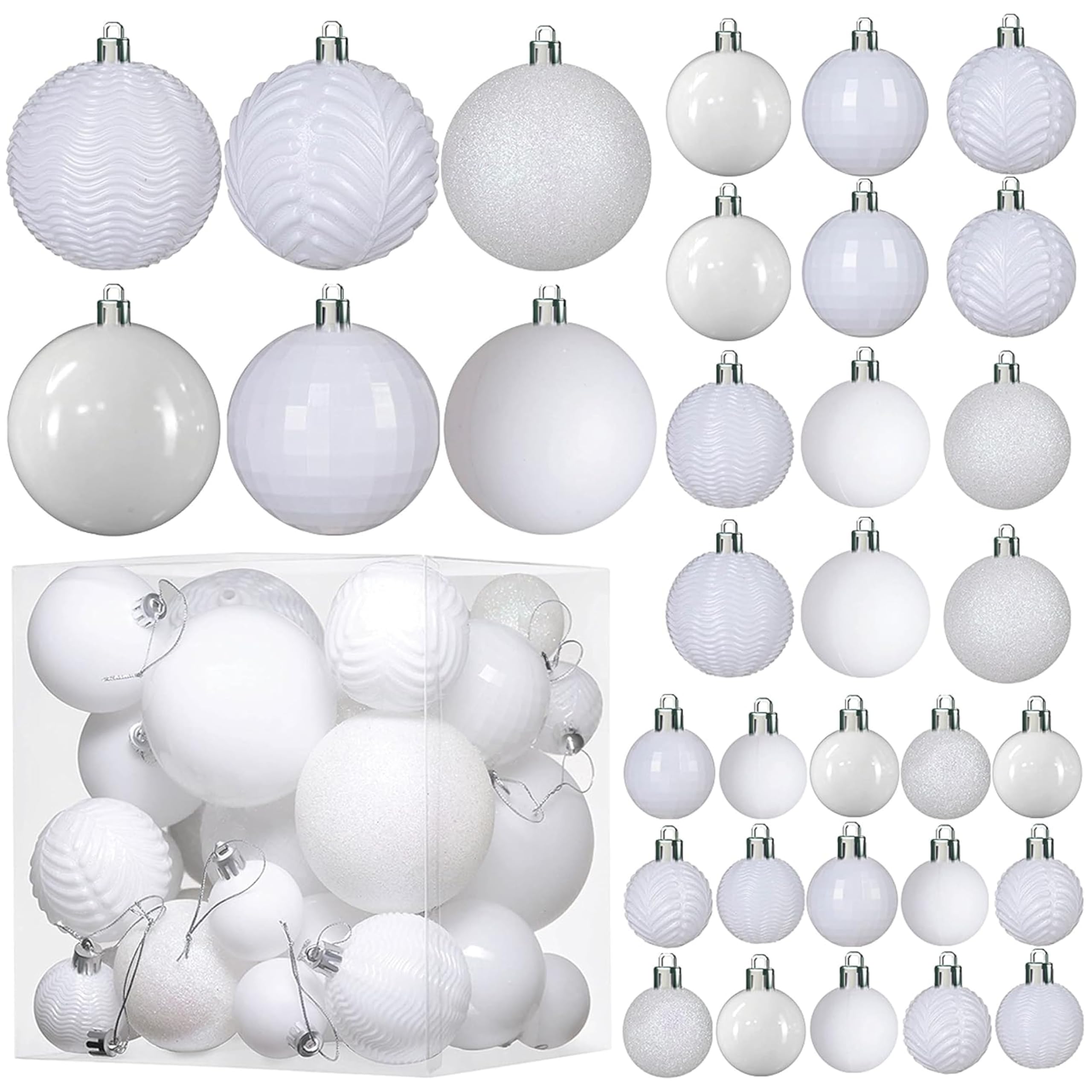 Prextex White Christmas Ornaments Balls - 36-Piece Shatterproof Christmas Balls Set - Elegant White Christmas Tree Baubles in Matte, Glitter, and Shiny Finishes - White Decorations, 3 Sizes