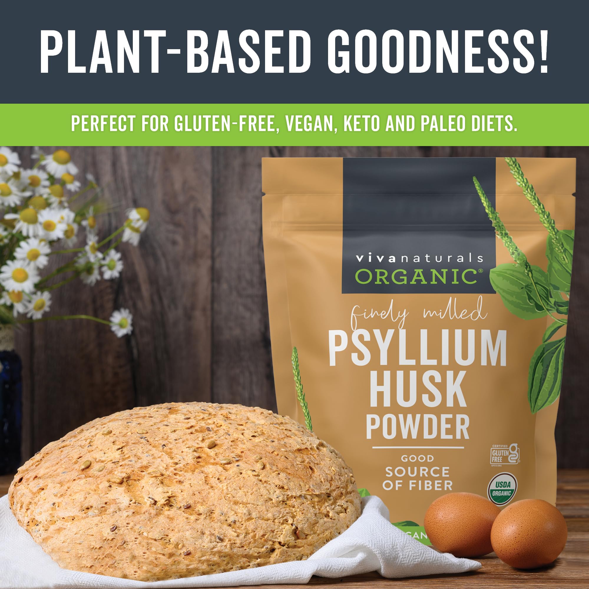 Viva Naturals Organic Psyllium Husk Powder, 24 oz - Finely Ground, Unflavored Plant Based Superfood - Good Source of Fiber for Gluten-Free Baking, Juices & Smoothies - Certified Vegan, Keto and Paleo