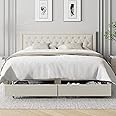 Keyluv Queen Bed Frame with 2 Storage Drawers and Adjustable Headboard, High-End Fabric Platform Bed with Button Tufted, Wooden Slats No Box Spring Needed/Easy Assembly, Beige