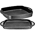 Bruntmor 2-in-1 Pre-Seasoned Cast Iron Dutch Oven and Grill Pan with Dual Handles - 11-Inch Non Stick Square Casserole Dish with Lid - Cast Iron Cookware for Braising, Crock Pot and Oven Safe Skillet