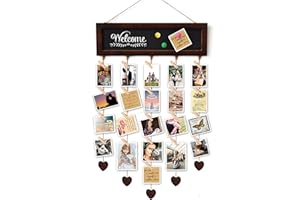 EXQUIDECA Picture Frames Collage Display Board with 30 Clips - Multi Photos Cards Organizer with Adjustable Twines and Magnetic Blackboard - DIY Wall Decor Hanging Picture Holder 15.7x5 Inches
