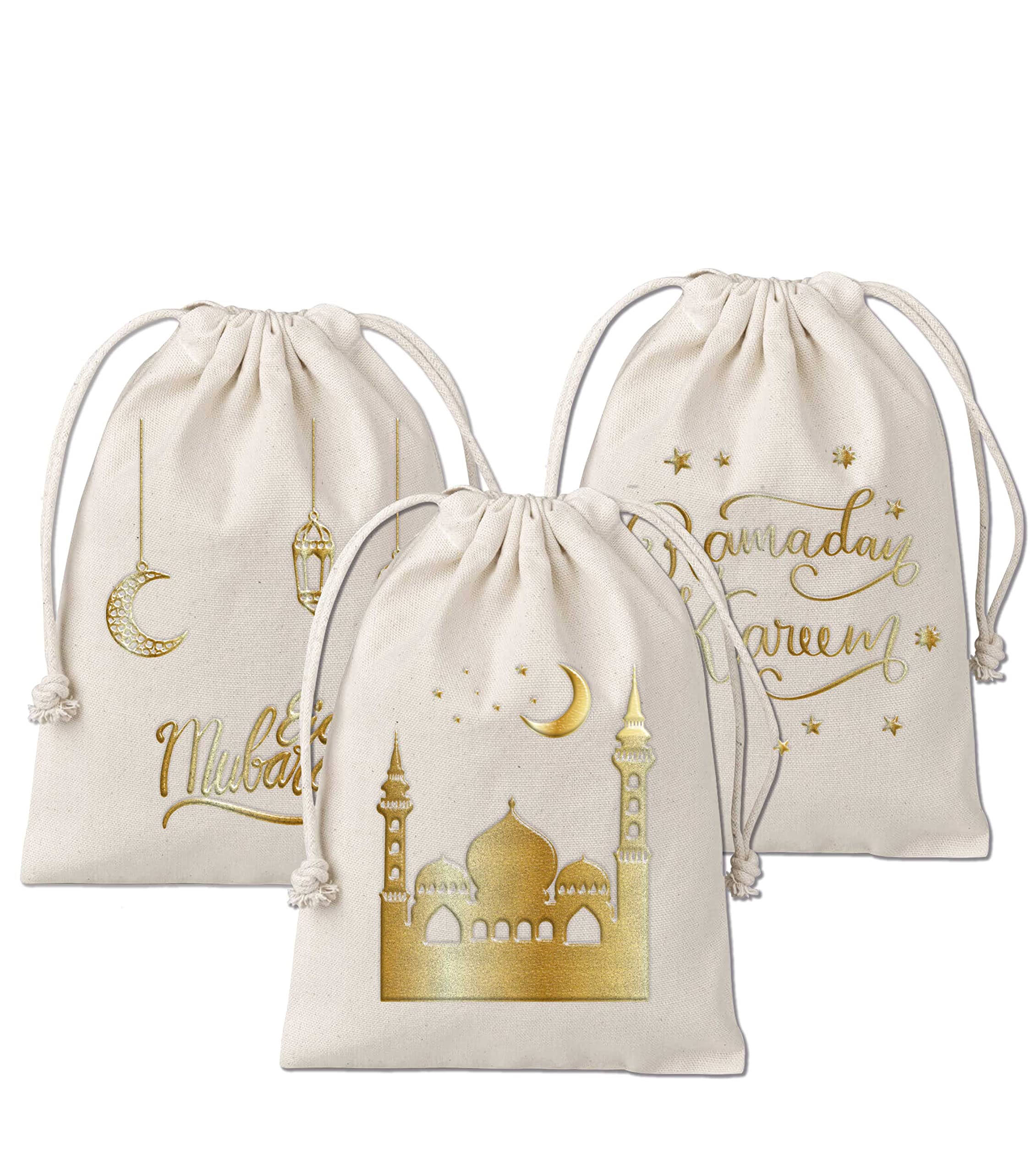 Papierdrachen 3 Gift Bags for Ramadan – Cotton – Beautifully Printed in High Quality Gold – Ideal for Wrapping Gifts – Size 20 x 30 cm with Drawstring Set 2