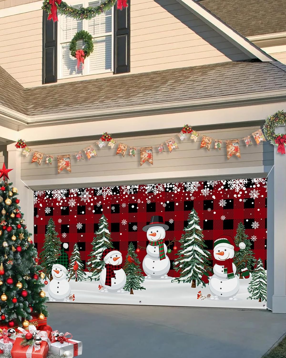 Garage Door Decorations - Christmas Garage Door Banner Cover 7 x 16 ft, Christmas Snowman Xmas Tree Red Black Buffalo Plaid Christmas Garage Door Decorations Holiday Christmas Backdrop Decor for Winter New Year Xmas Party