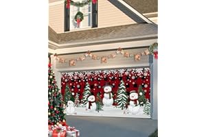 SINGINGIN Christmas Garage Door Banner Cover 7 x 8 ft, Christmas Snowman Xmas Tree Red Black Buffalo Plaid Christmas Garage Door Decorations Holiday Christmas Backdrop Decor for Winter New Year Xmas Party