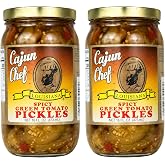 Cajun Chef Spicy Pickled Green Tomatoes, 16 oz - Pack of 2 | Two 16 oz jars of spicy-sweet pickled green tomatoes for fried fish, sandwiches, sides, and cocktail garnishes.