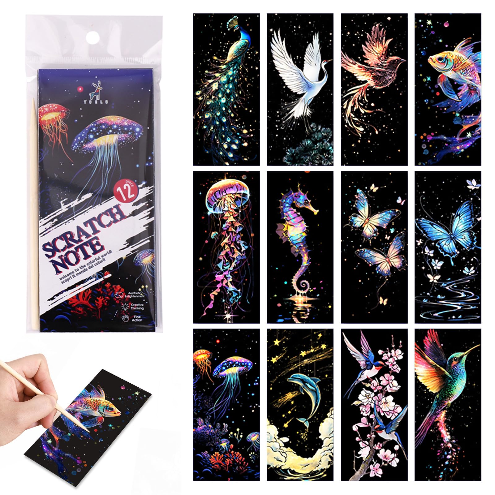 QINXUANGE 12 PCS Animal World Rainbow Scratch Art Bookmarks Set with Wooden Stylus β Unisex Scratch Art Kit, No Paint or Brushes Needed, Arts & Crafts for Creativity & Relaxation β image 1