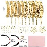 Fesorsi Gold Chain for Jewelry Making, 78.5ft 10 Style Steel Jewelry Chain, Electroplating Process, for DIY Necklace Chains, Tassel Pendants, with Jump Ring, Lobster Clasp, Pliers