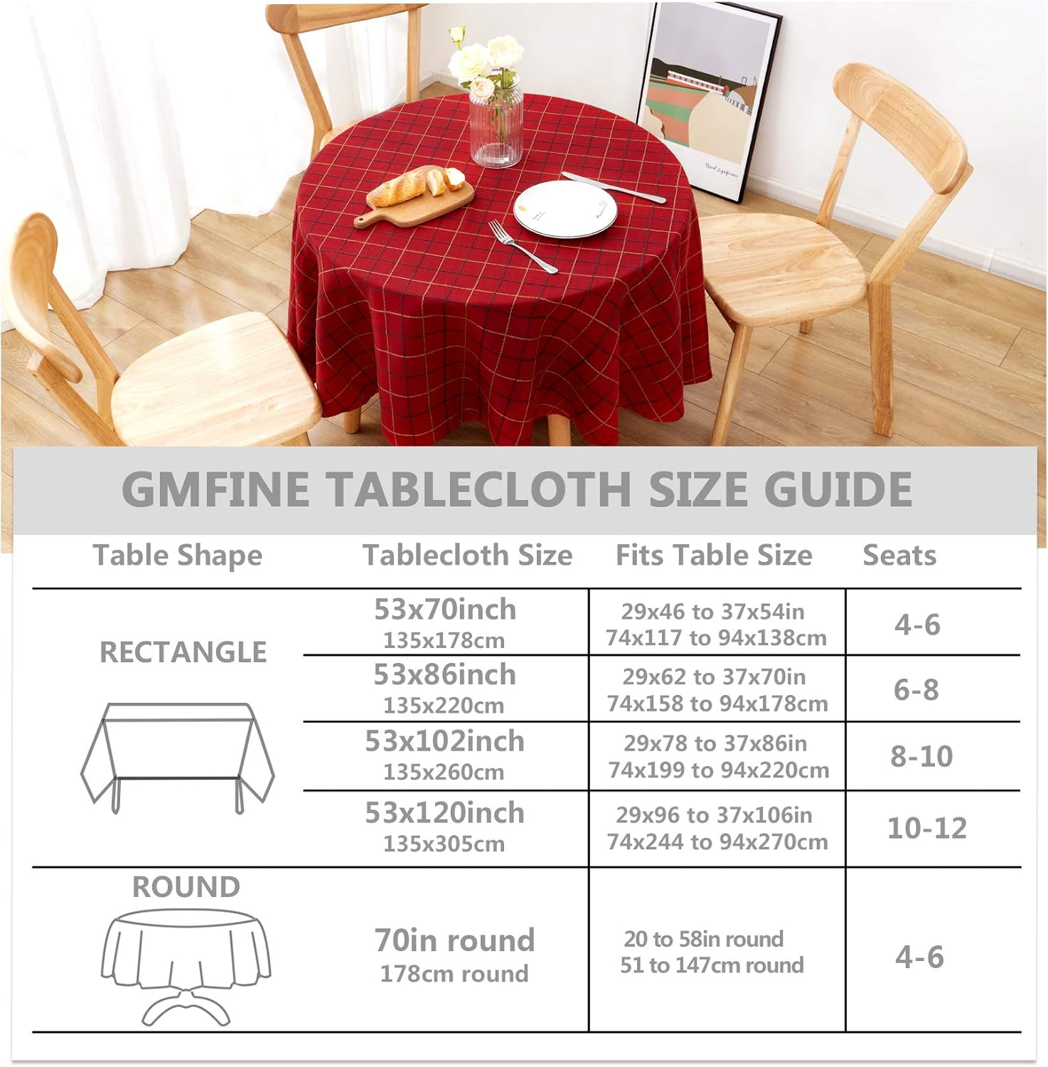 joybest Tablecloths, Rectangle Table Cloth Cotton Linen Wrinkle Free Stitching Lattice Washable Tablecloths Dust-Proof Table Cover for Party Kitchen Dinning (Round, 70 Inch, Red): Kitchen & Dining