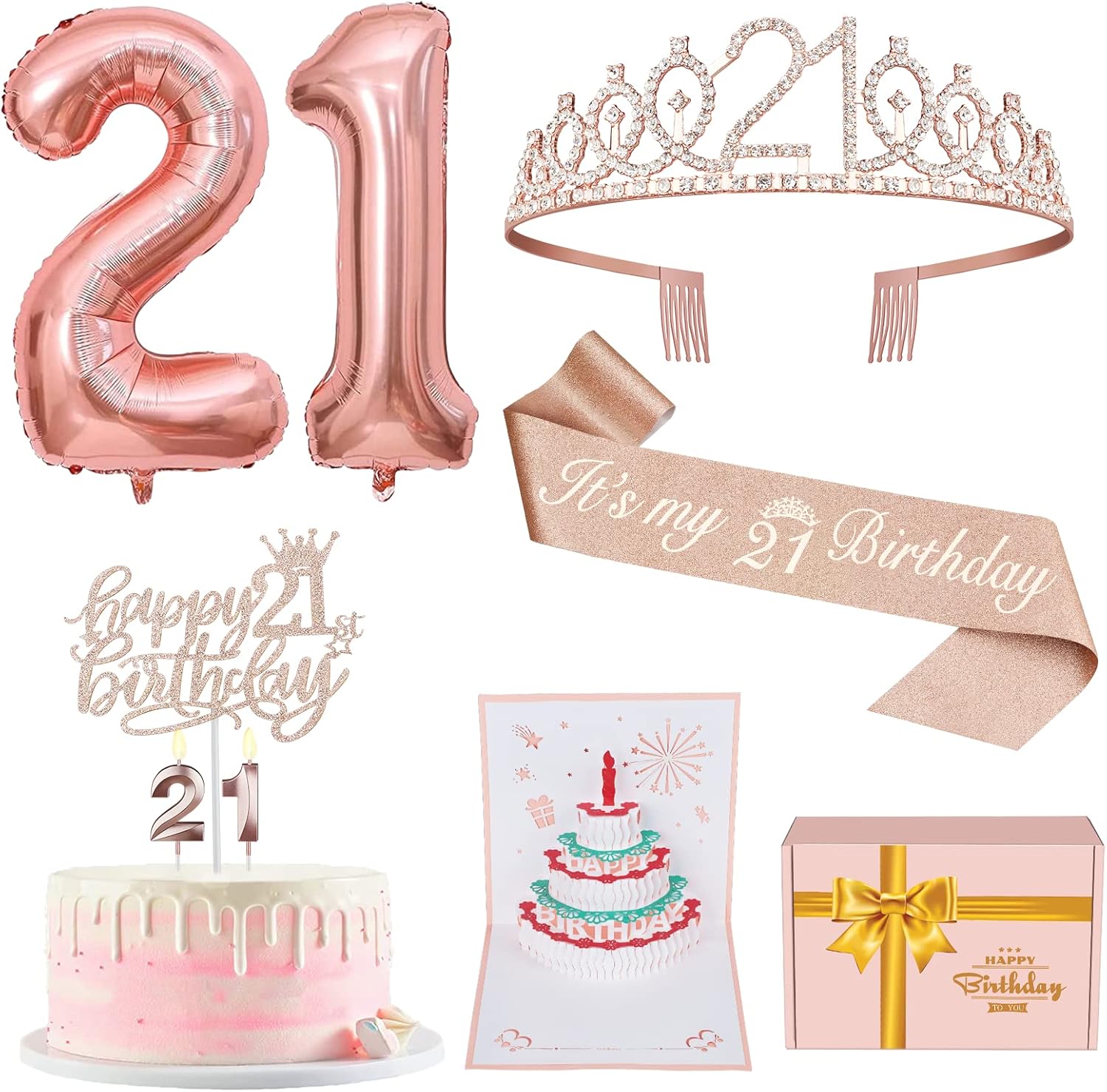 Candles & Holders - 21st Birthday Decorations For Her, Include 21st Birthday Sash and Tiara , Birthday Cake Topper and Number 21 candles, Balloons, 3D Birthday Card and Poster, 21st Birthday Gifts for Her