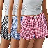 PUREZON 3 Pack Women's Boxer Shorts,Plaid Shorts for Women,Summer Casual Gingham Pajama Lounge Sleep Bottoms,Beach Bottoms (Light Pink, Light Blue, Black)