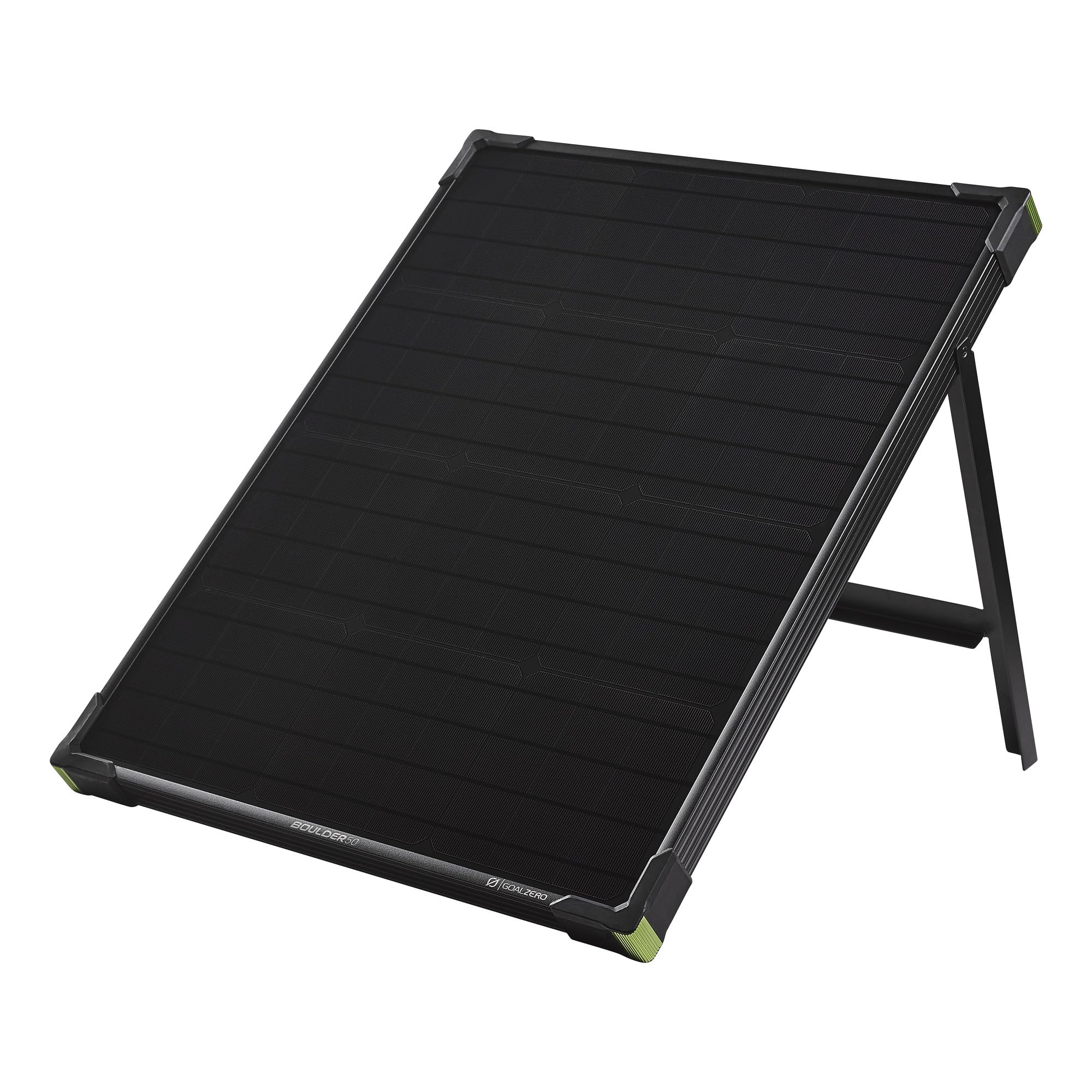 Goal Zero Boulder 50 Solar Panel 50 W Total Chainable to 150 W Kick Stand Added Corner Protection,8 mm Solar Port Male/Female:14-22 V,Up to 3.5 A(50 W max) Cell Type:Monocrystalline Weight 5.6kg,Black