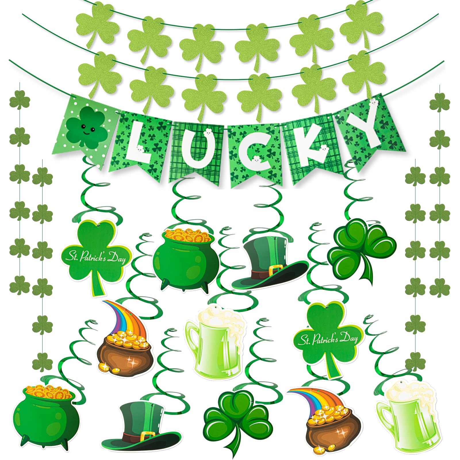 Photo 1 of Pre-Assembled St Patricks Day Decorations Shamrock Lucky Banner Garlands Clover Hanging Swirls Irish Decor for Home Saint Patrick Party Supplies
