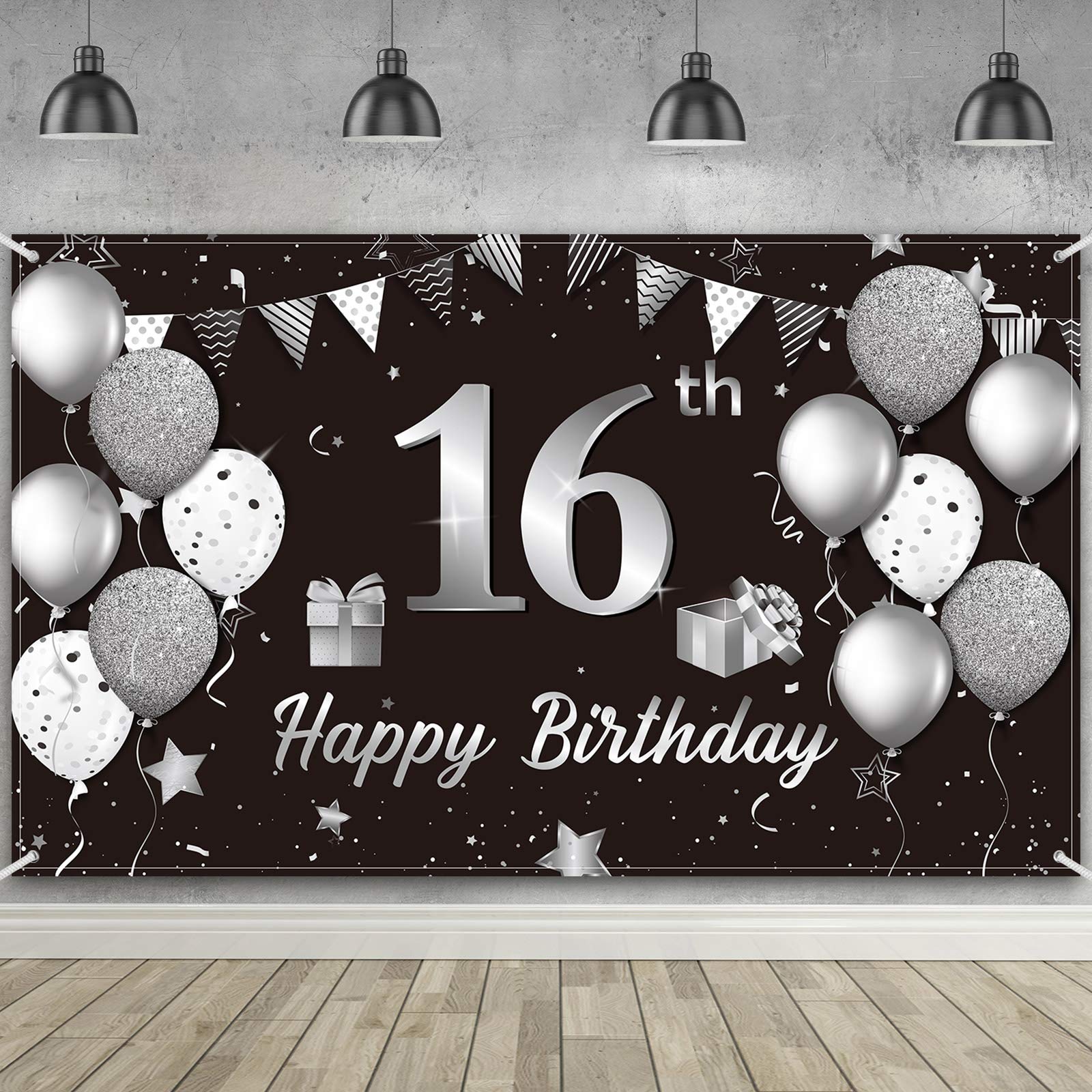Happy 16th Birthday Backdrop Banner - Extra Large Fabric Black Silver Birthday Sign Poster Photography Background for Sweet 16th Anniversary Party Decor, 72.8 x 43.3 Inch