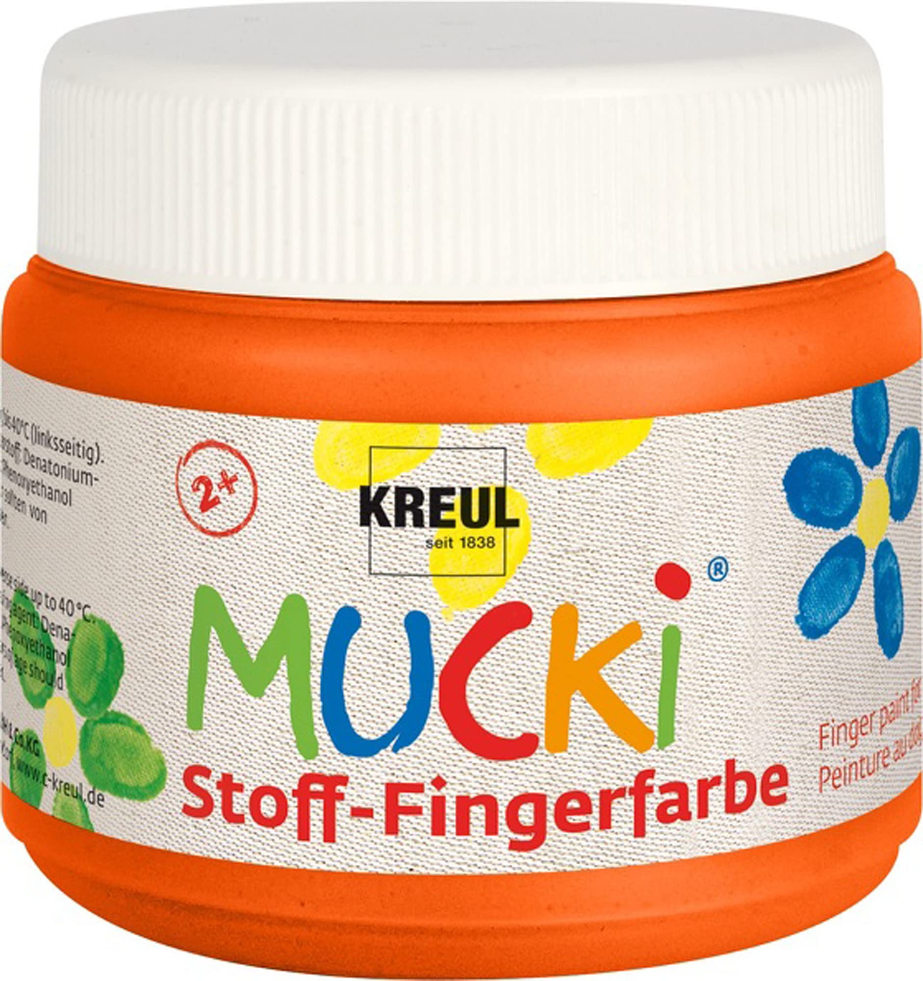 Kreul Mucki 28107 Luminous Fabric Finger Paint 150 ml Orange Water Based Paraben Gluten Lactose Vegan Ideal for Use with Fingers and Hands