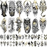 42 Sheets Gothic Temporary Tattoo, 12 Sheets Metallic Skull Cat Snake Spider Crow Half Arm Scary Fake Tattoos for Adults Men Women, 30 Sheets Small Tattoos Stickers for Party Supplies
