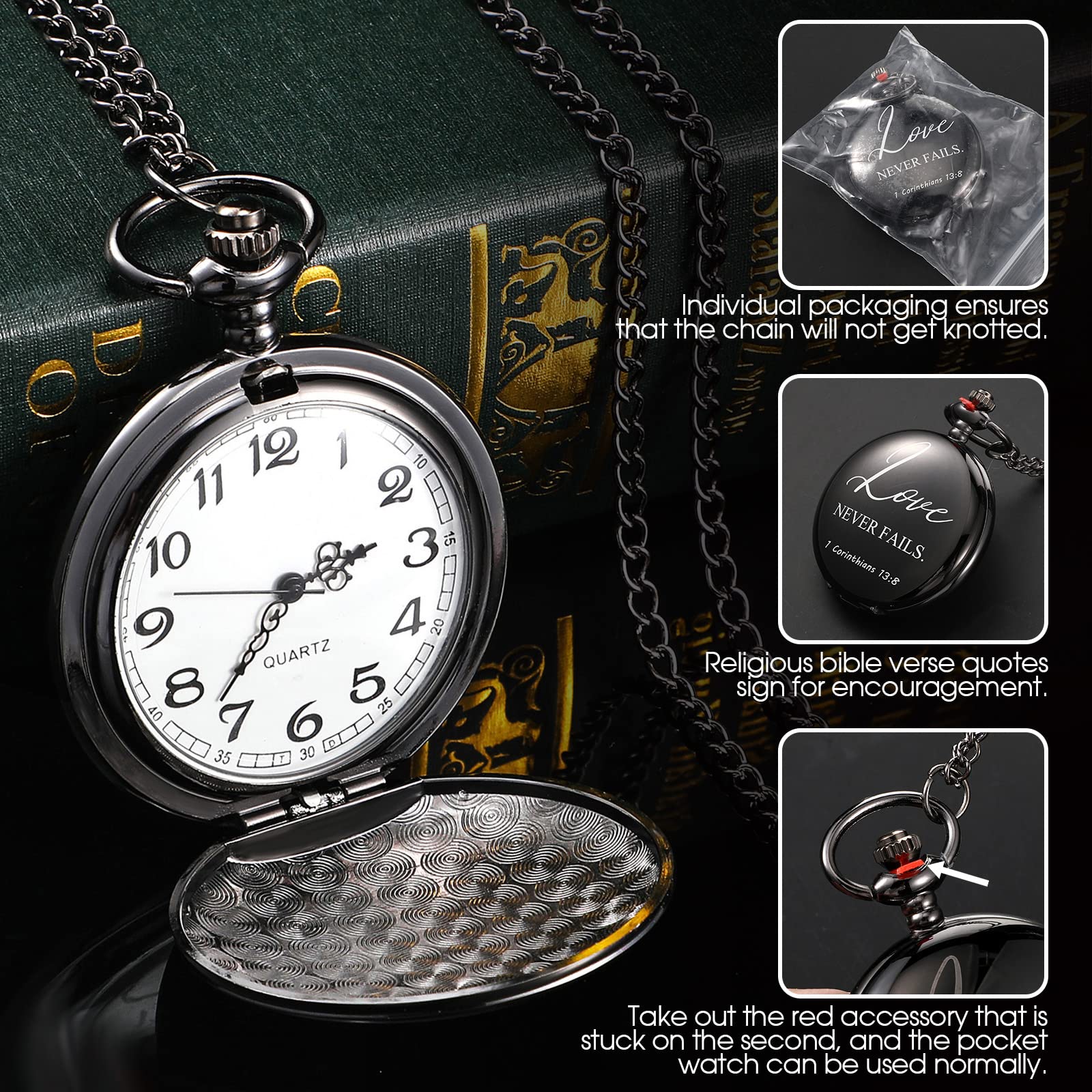 Yinkin 12 Pack Bible Verse Pocket Watch with Chain Father's Day Gift Christian Inspirational Gifts Bulk Religious Quotes Pocket Watches for Men Women Male Coworker Teacher Staff Volunteer Office Team
