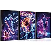 3Pcs Cool Soccer Canvas Wall Art Abstract Neon Boys Football Themed Wall Decor Football Sneakers Posters Prints Paintings forBoys Room Teen Kids Playroom Decoration12x16in