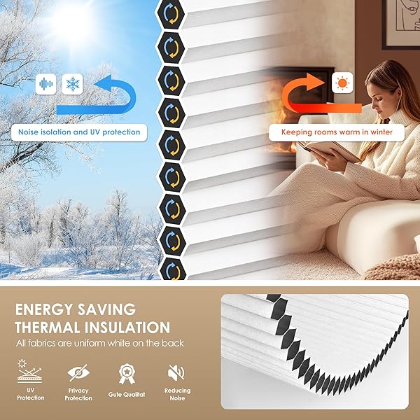LAZBLINDS NO TOOLS NO DRILL CORDLESS CELLULAR SHADES, BLACKOUT LIGHT BLOCKING HONEYCOMB SHADES FOR HOME, THERMAL INSULATION BLINDS FOR WINDOWS, 36″ W X 48″ H, WHITE