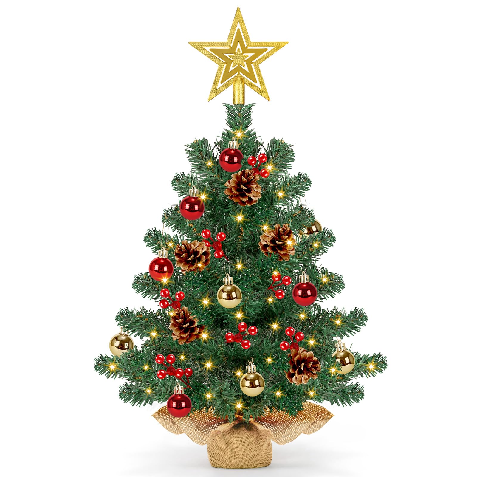 Photo 1 of [ 8 Modes & Timer] 24 Inch Small Tabletop Christmas Tree with 50 Warm White Lights Star Treetop and Ornaments Artificial Mini Christmas Tree Indoor Home Table Christmas Decorations