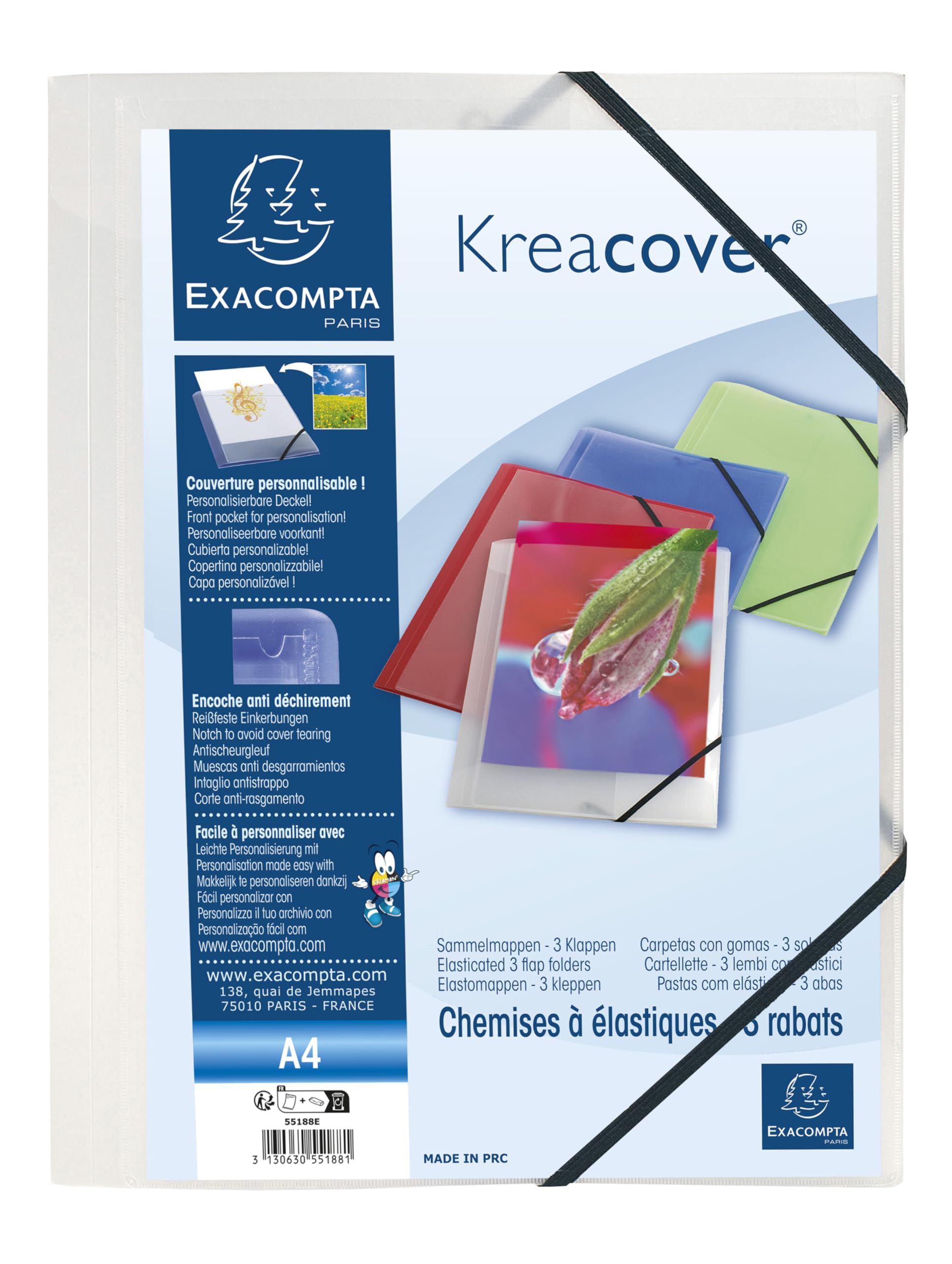 Exacompta - Ref 55188E - Kreacover Collection - Collection - Customisable PP Elastic Flap Folders - Suitable for A4 Documents, Translucent Polypropylene - Clear (Pack of 5)