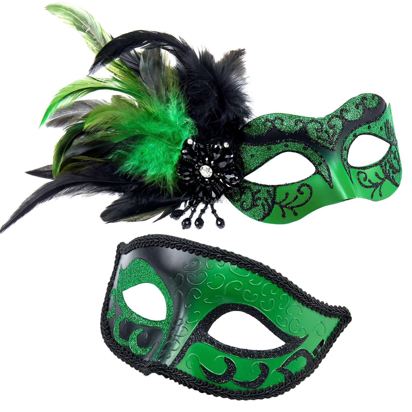 MYSEUNI 2024 New Green Masquerade Mask with Feathers - Couple Masquerade Mask for Women & Mens Costume Mask for Halloween Carnivals Cosplay Party Ball Prom