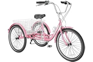 H&ZT Adult Tricycle, 3 Wheeled Bike, Trike Cruiser Bike, with 7-Speed Gear, Parking Brake Handle, Low Step, Large Rear Basket, Elderly Friendly, for Men, Women, and Teens