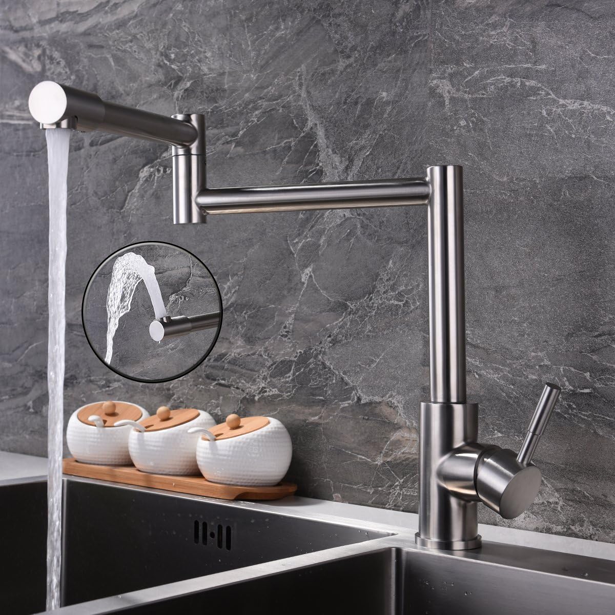 CIENCIACounter Mount Pot Filler Faucet Stainless Steel Single Handle Stretchable 360° Swing Arm Foldable Kitchen Sink Faucet Brushed Nickel, SNA157