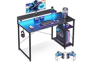 MOTPK 40 Inch Small Gaming Desk with Storage & Led Lights, Computer Desk with Shelf, Reversible Gamer Desk with Adjustable Monitor Stand, Carbon Fiber Texture Black