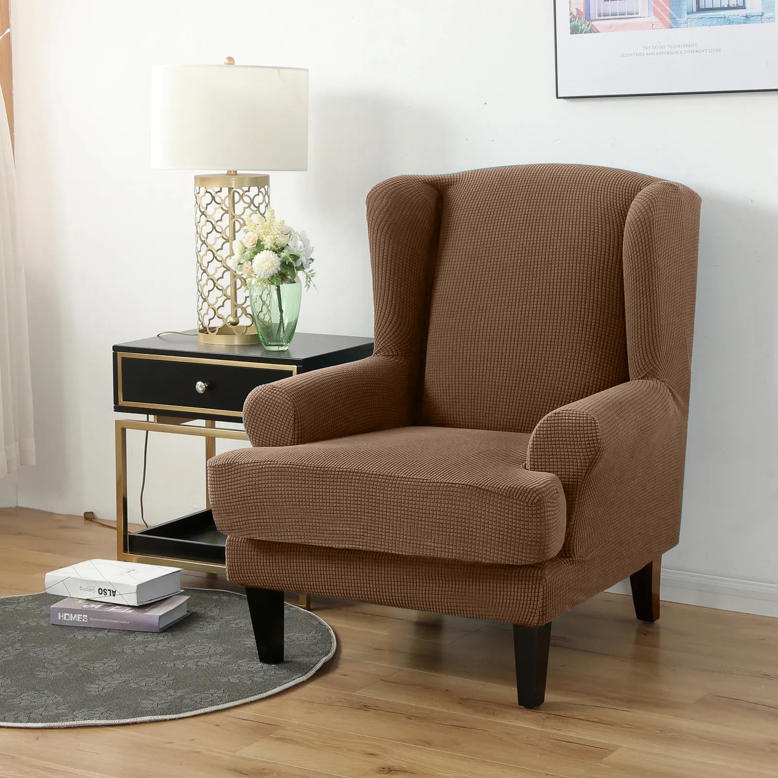 PETCUTE Wing Chair Slipcovers Armchair Covers with Ears Stretch Wing Chair Covers Jacquard Furniture Protector Light Coffee