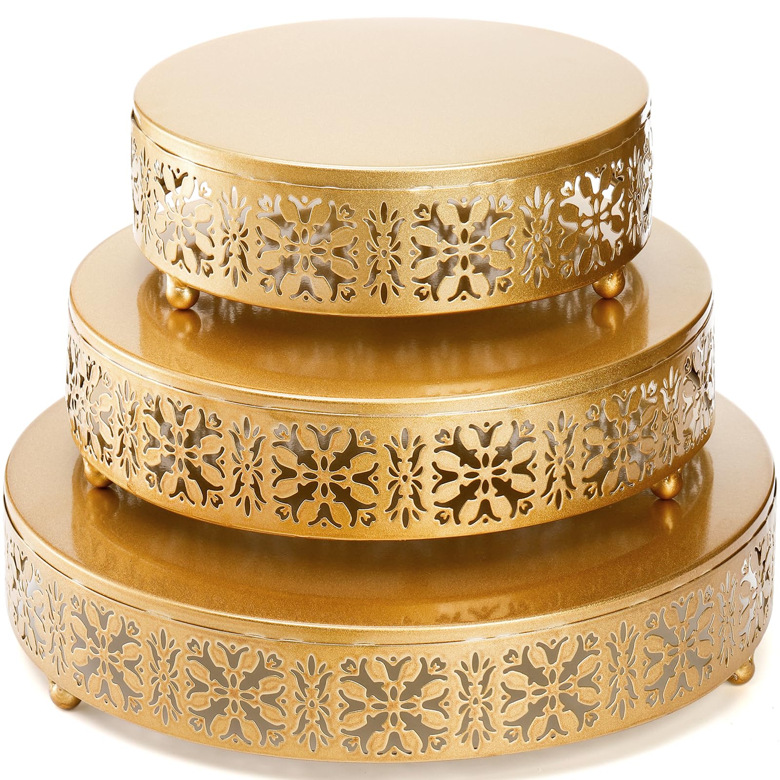 Photo 1 of Coloch 3 Pieces Golden Cake Stand Set, 8/10/12 Inch Round Metal Dessert Display Stand Decorative Cake Holder Cupcake Pastry Candy Display Plate for Wedding, Party, Birthday, Event