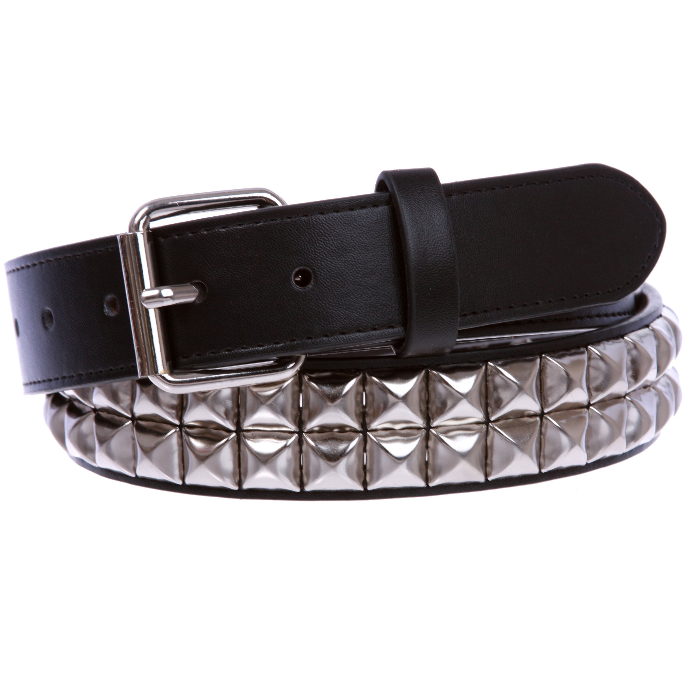 Photo 1 of 1 1/4" (33 mm) Snap On Two Row Punk Rock Star Silver Studded Leather Belt, Black | 38"