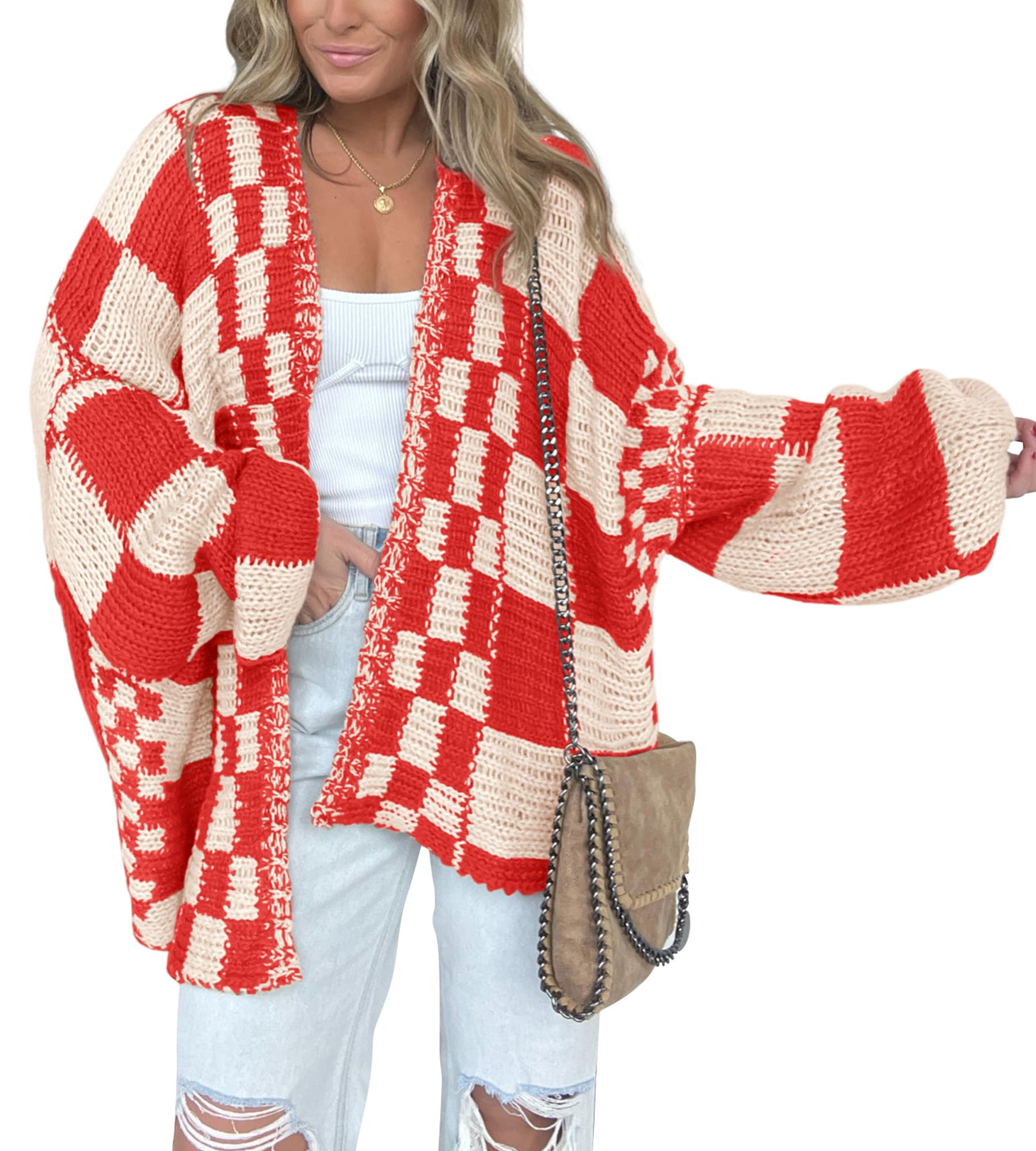 BTFBM Casual Cardigan Sweater for Women Fall 2025 Long Sleeve Open Front Chunky Knit Sweaters Checkered Outwear Coat(Red,X-Large) Image